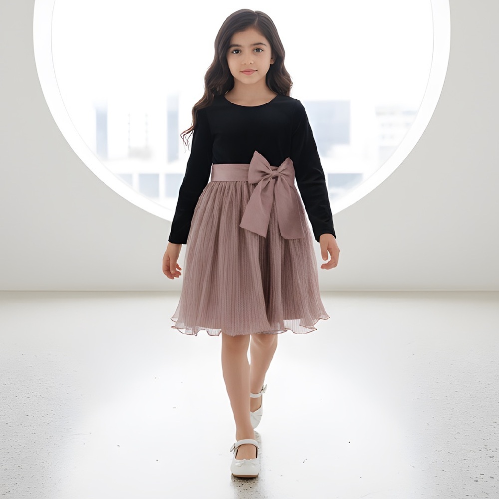 Bonnie Jean Girls Black Velvet Mauve Metallic Pleated Bow Party Dress 10